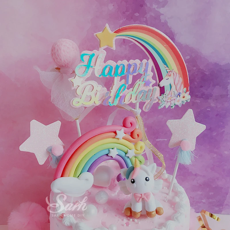 Biling Unicorn Rainbow Star Pom-pom Tassel Cake Topper Dessert Decoration for Birthday Party Lovely Gifts