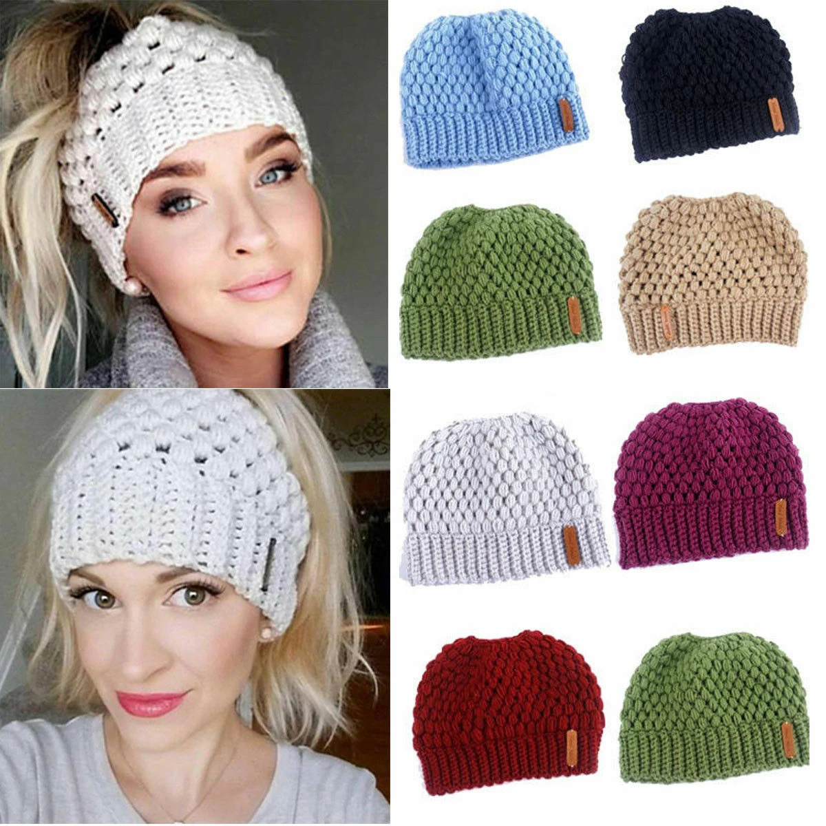 Winter Knitting Hats Winter Women Hat Ladies Girl Stretch Knit Hat With Tag Messy Bun Ponytail Beanie Holey Warm Hats Caps