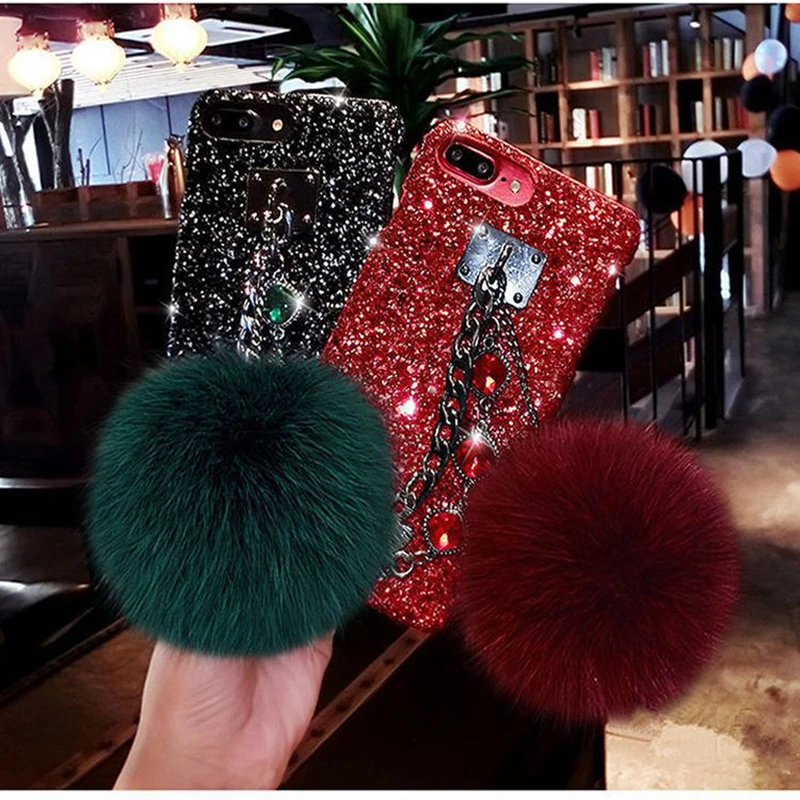 Luxury Glitter Phone CaseFor Samsungn S20FE Note20 S21 S20Plus  A70 Bling Diamond Gem Bracelet Chain Strap Cases Fur Ball Cover