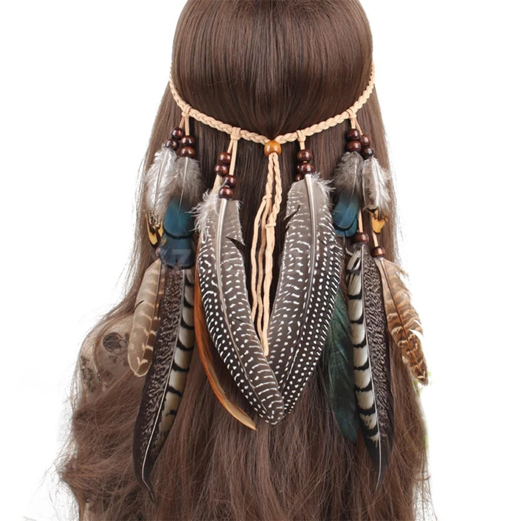Hippie Indian Feather Shape Headband Boho Weave Feathers Hair Rope Headdress