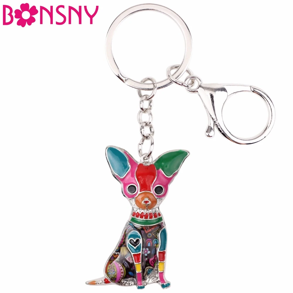 Bonsny Enamel Alloy Sitting Chihuahuas Dog Key Chain Keychain Rings Gifts For Women Girls Bag Car Pendant Fashion Animal Jewelry