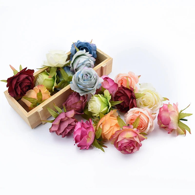 10Pieces Artificial Flowers for Home Decoration Wedding Car Bridal Accessories Clearance Diy Gifts Box Silk Roses Head Wall