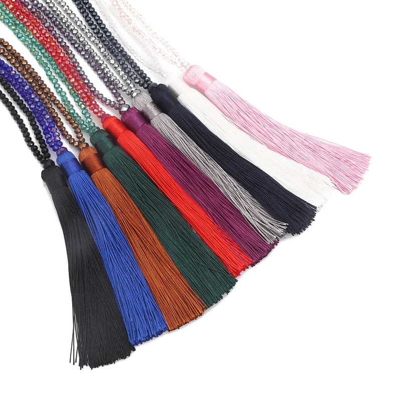 Fashion 18 Colors Long Fringe Silk Tassel Necklace Women Glass Bead Crystal Pendant Necklaces Statement Vintage Bohemian Jewelry