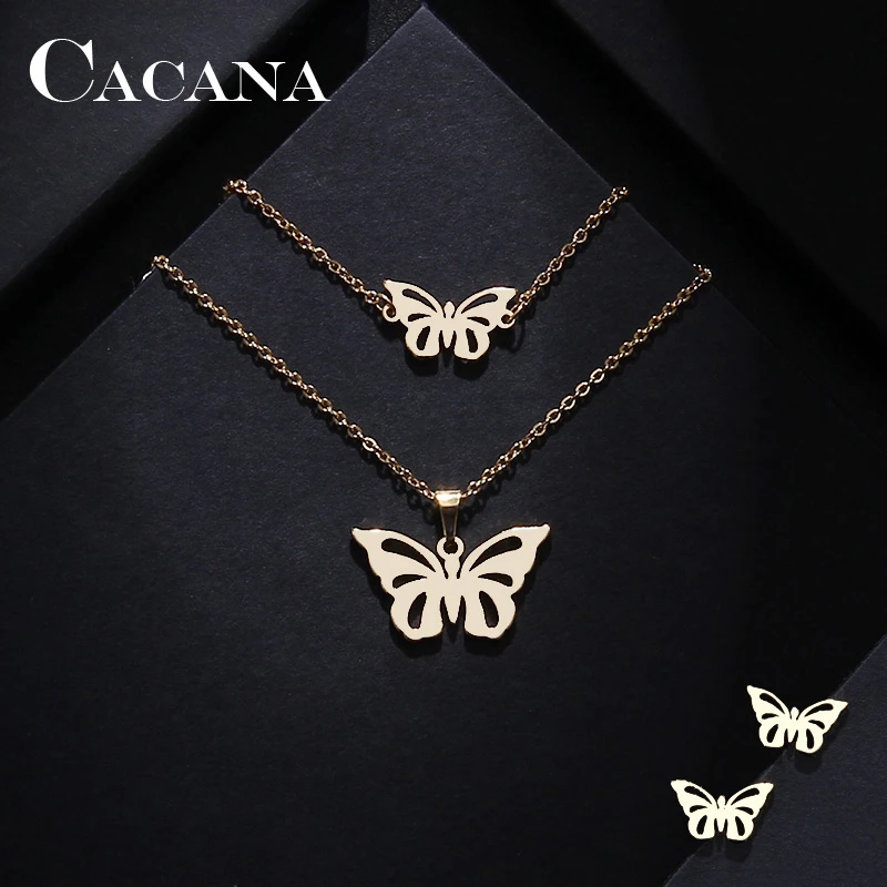 CACANA Stainless Steel Sets For Women Butterfly Shape Necklace Bracelet Earring Jewelry Lover's Engagement Jewelry S49