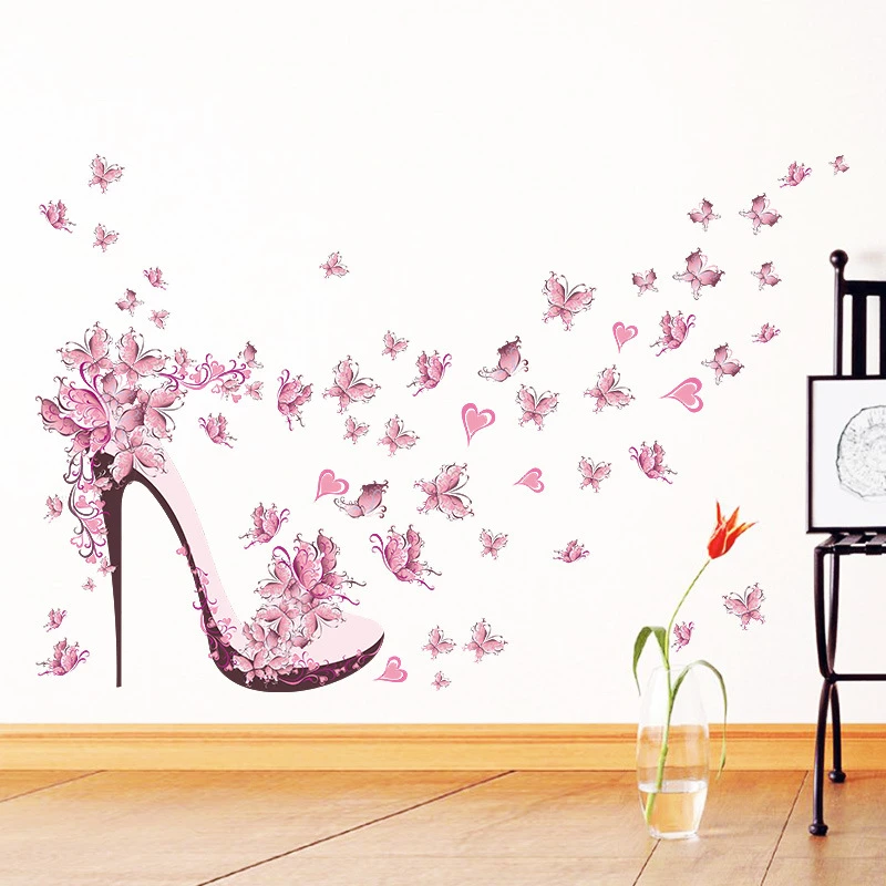 Pink butterfly high heels Wall sticker for living room Girl's room background decorations Decals Mural Art Stickers on the wall