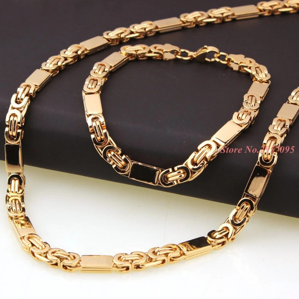 6mm 55cm/22cm set Men Bracelet Byzantine Link Chain Gold Tone Stainless Steel Necklace Bangle women punk rock jewelry cool gift