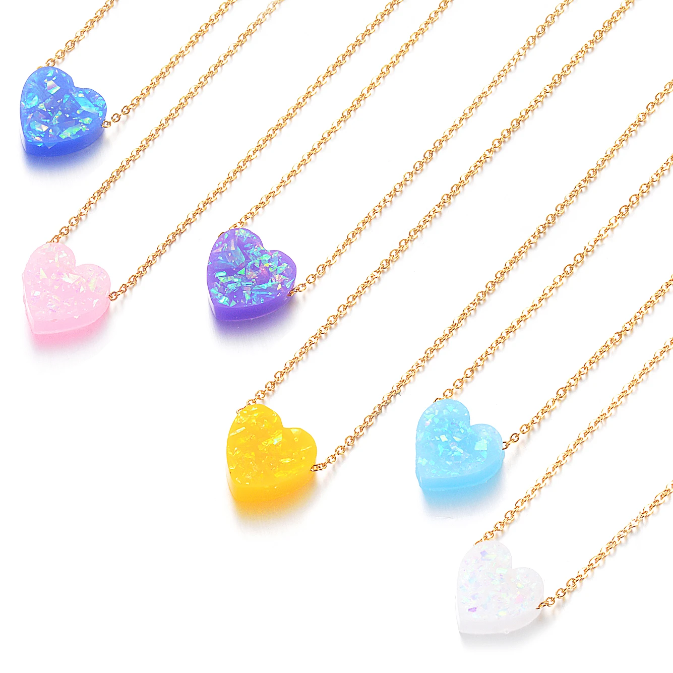 6 Colors 12mm Heart Shape Opal Stone Pendant Necklace 316L Stainless Steel Gold Chain Collar Jewelry Girlfriend Gifts