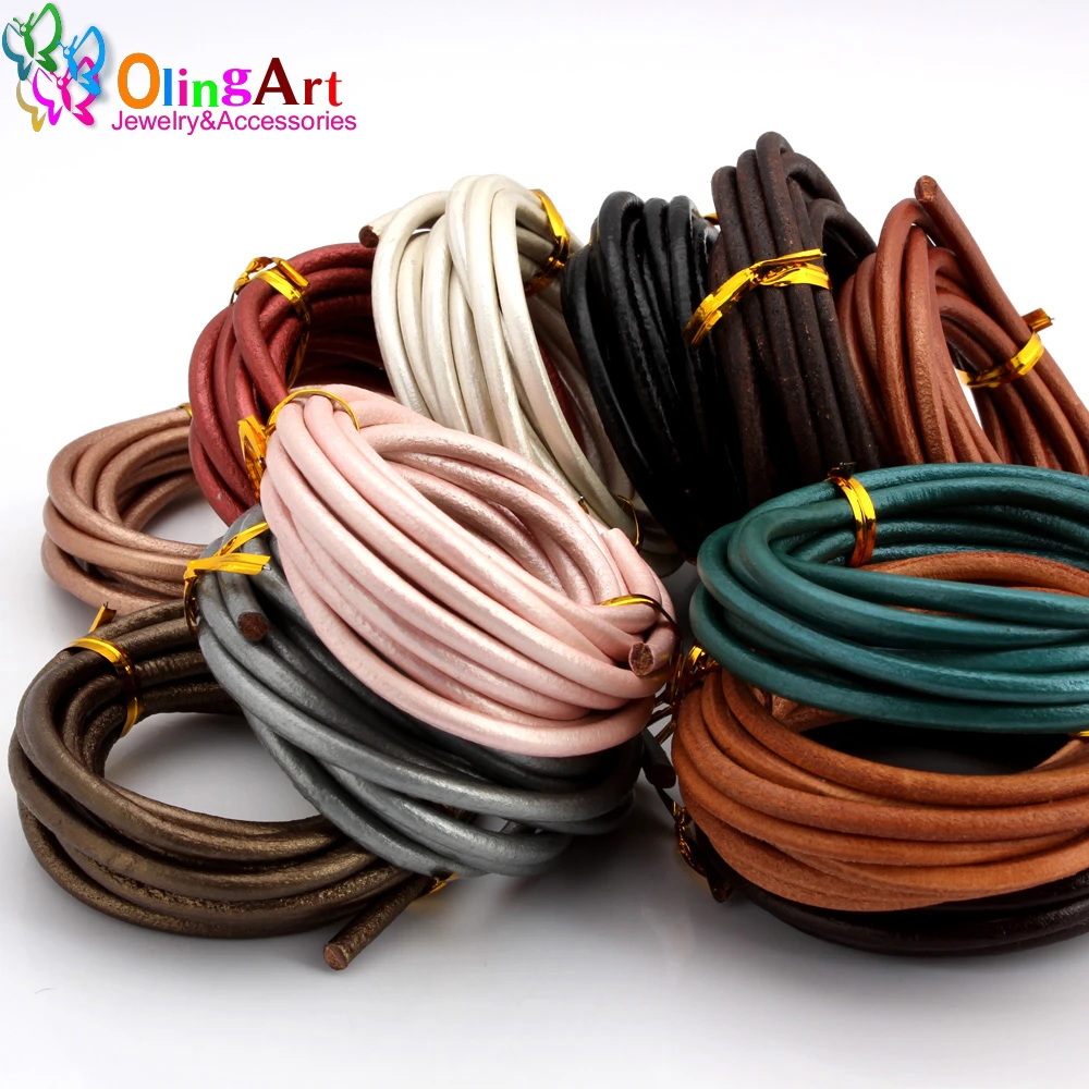 OlingArt 4MM 2M Round Genuine Leather Cord/Wire Brown Black Women Earrings Bracelet Choker DIY Necklace Jewelry Making