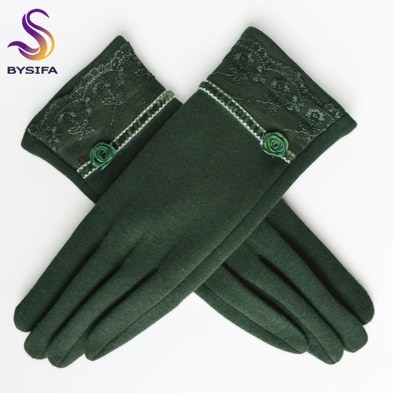 [BYSIFA] Cashmere Wool Women Gloves Winter Thick Ladies Lace Embroidered Wool Gloves Grey And Green Elegant Soft Mittens Gloves