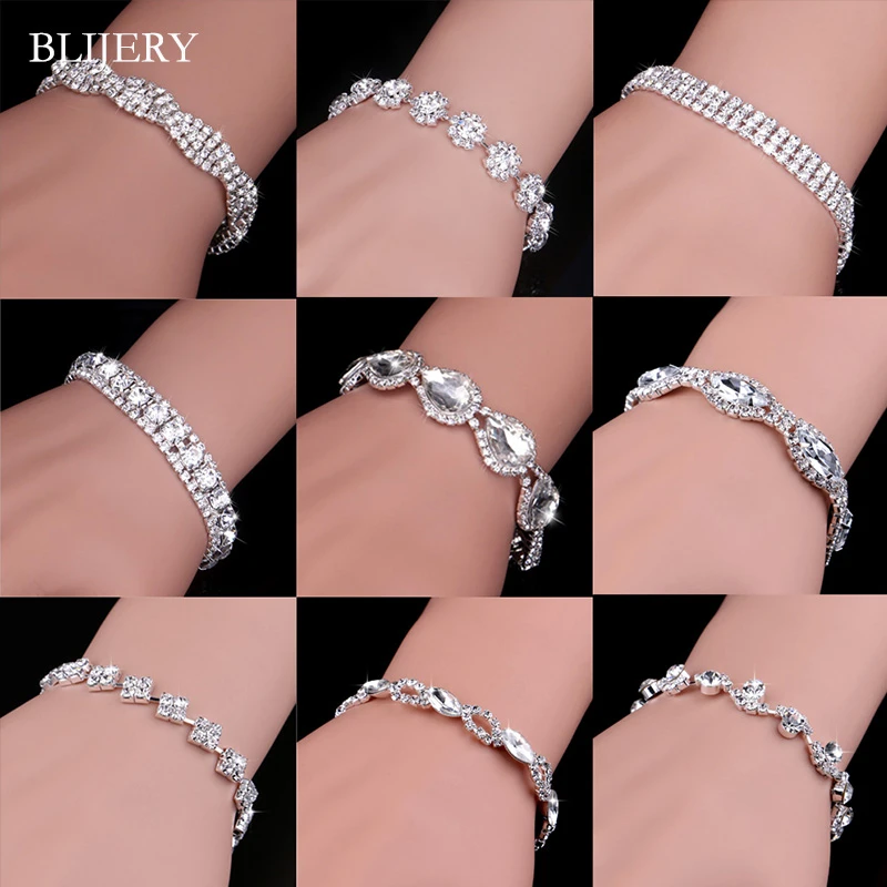 BLIJERY Luxury Crystal Bracelets For Women Silver Plated Rhinestone Charm Bracelets & Bangles Femme Bridal Wedding Jewelry Gifts