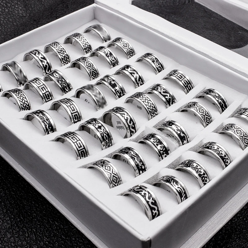 20 Pieces/lot Vintage Retro Style Stainless Steel Rings For Men and Women Fashion Round Bulk Punk Rings WholeSale