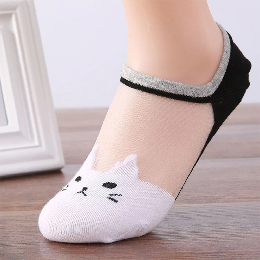 Summer Autumn Women New Cartoon Cute Cat Pattern Socks Crystal Silk Socks Ultrathin Transparent Low Ankle Socks Dropshipping