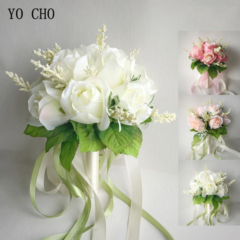 YO CHO Silk Roses Wedding Bouquet for bridesmaids Bridal Bouquets White Pink Artificial Flowers Mariage Supplies Home Decoration