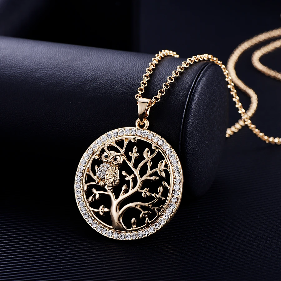 Small Owl Tree Of Life Necklace for Women Rhinestone Pendant Rose Gold Sweater Chain Long Necklaces Statement Jewelry Bijoux
