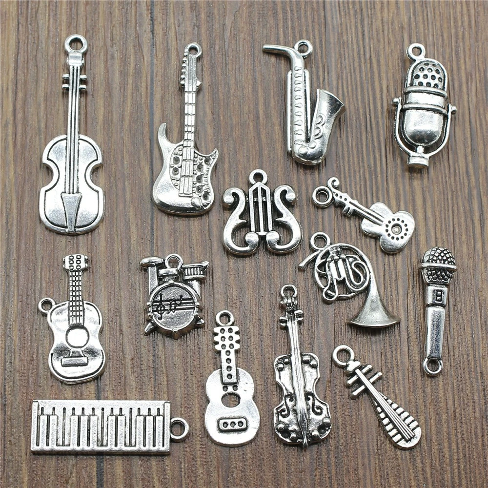 10pcs Musical Instrument Charms Antique Silver Color Guitar Microphone Violin French Horn Charms For Jewelry Making