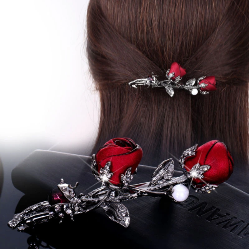 Simple rose flower hairpin fabric crystal beetle hairpin rhinestone leaf hairpin elegant female girl hairpin hair accessories