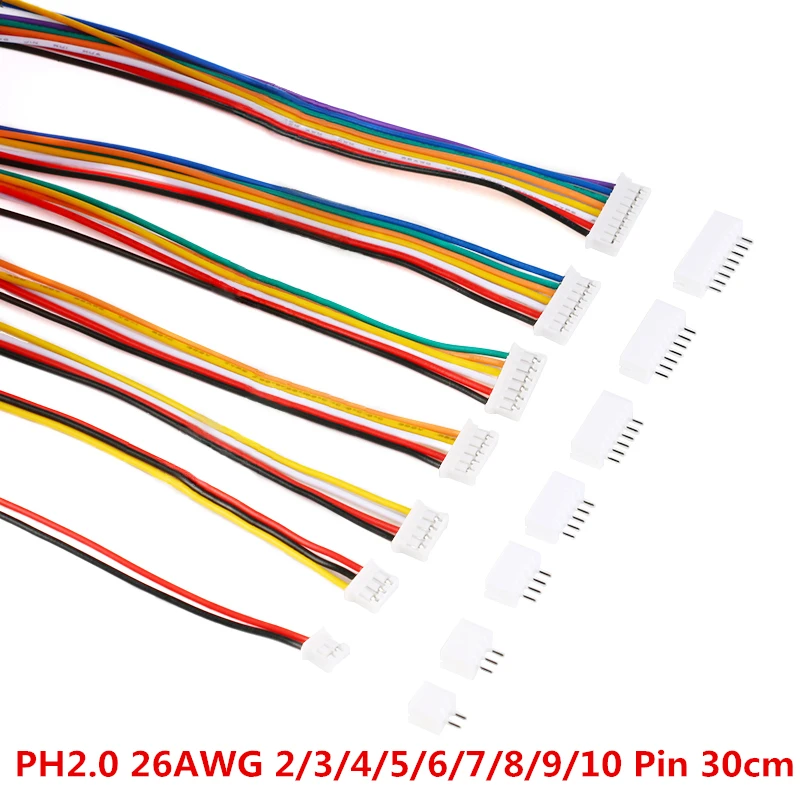 20PCS=10Sets Micro Mini JST 2.0 PH Connector Male Female 2/3/4/5/6/7/8/9/10-Pin Plug With Wires Cables Socket 300MM 26AWG New