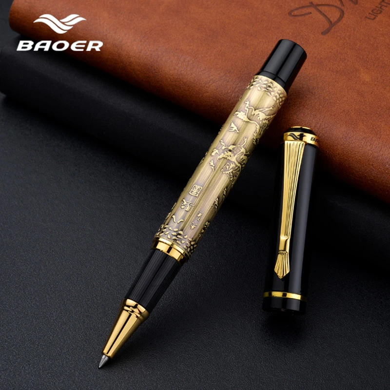 Baoer507 Ballpoint Pen Rollerball Pen Gift Caneta Gel Pen Luxury Gift Stationery Beautifully Embossed 0.5mm Black Pull Cover Pen