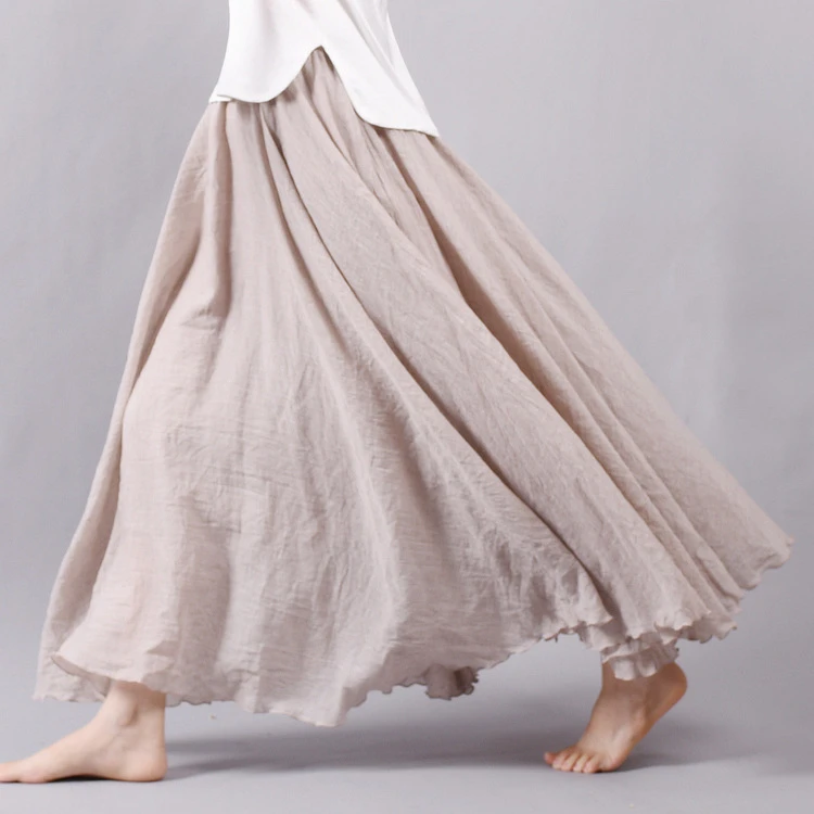Sherhure 2021 Women Cotton And Linen Long Skirts Elastic Waist Pleated Maxi Skirts Beach Boho Vintage Summer Skirts Faldas Saia
