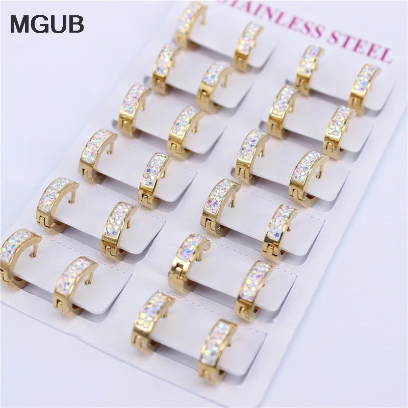 MGUB wholesale 12 pairs/sets Stainless steel fashion jewelry crystal Hoop earrings female models gold color earrings LH547
