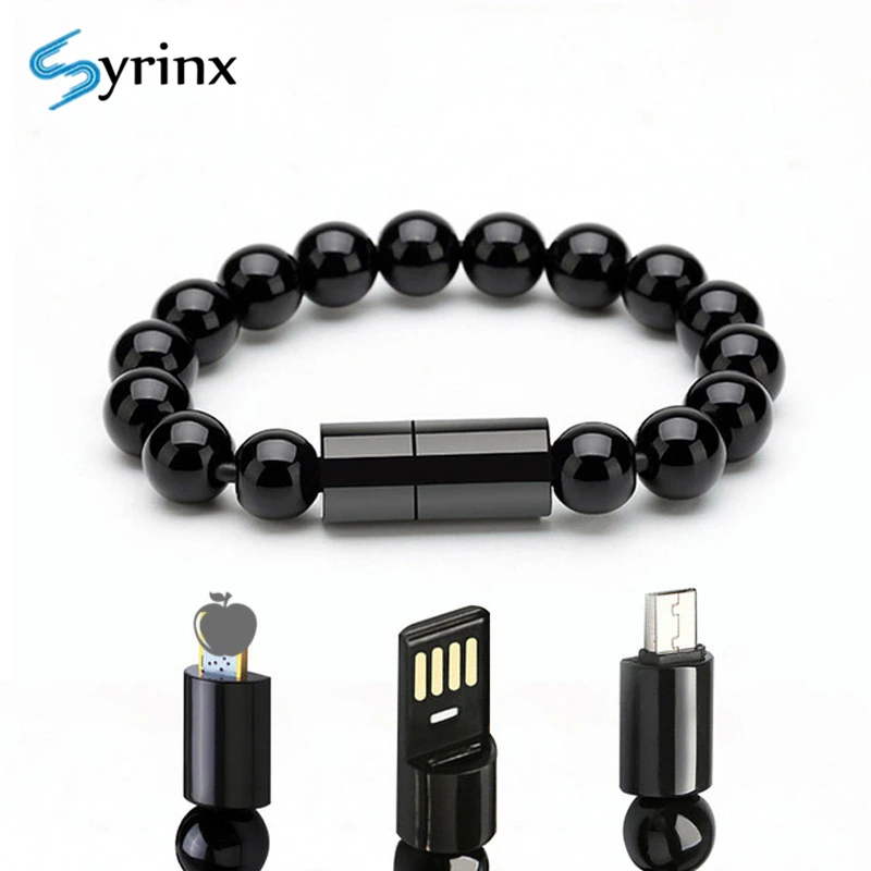 Syrinx 23.7cm 8 Pin Wristband Mobile Phone Cables Micro USB Type C Data Bead Bracelet Portable Charger for Iphone Cable Short