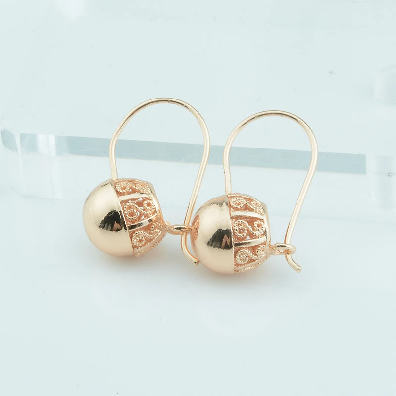 1 Pair Women Girls Gold 585 Color Drop Earrings Round Ball Bead Carve Jewelry Small Middle Large