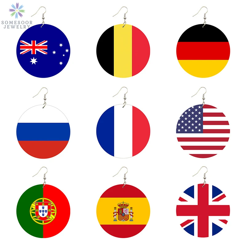 SOMESOOR Photos Flags Printing Wooden Drop Earrings American European National Country Club Sport Team Sign Photos Jewelry