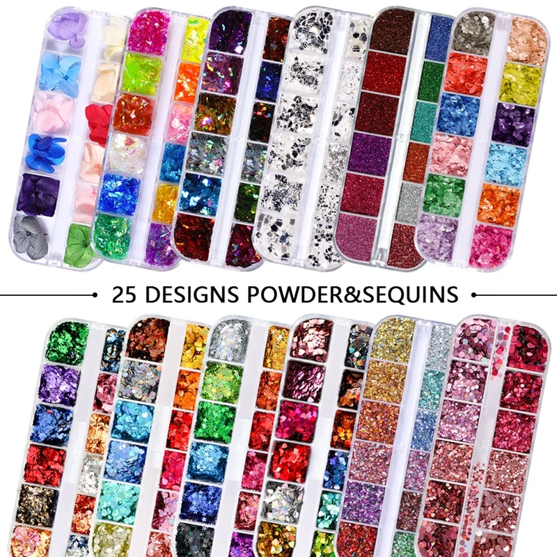 12 Grids/Set Combined Glitter Holographic Sequins Sugar Marble Powder Dried Flower Mylar Foil Shell Nail Art Decoration DIY CT#