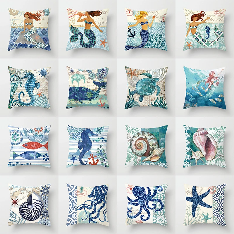 Marine Organism Cushion Covers Mermaid Cushion Cover Decorative Polyester Ocean Pillow Case