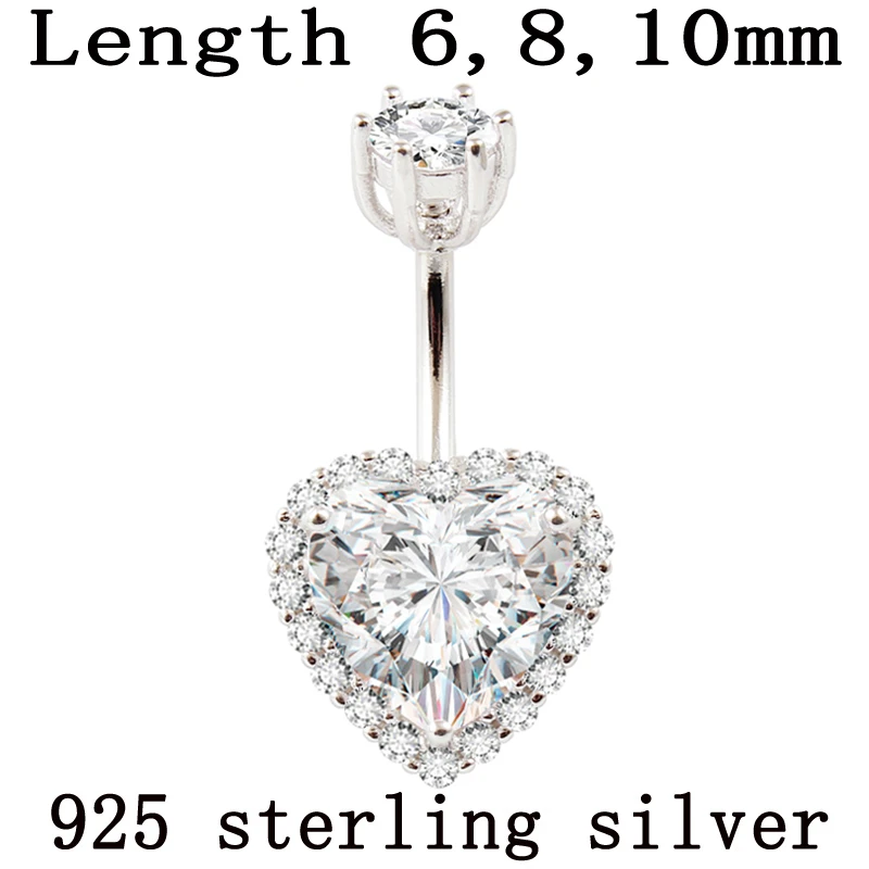 Real 925 sterling silver belly button ring women fine jewelry heart body piercing jewelry S925 6 8 10 mm navel bar zircon stones