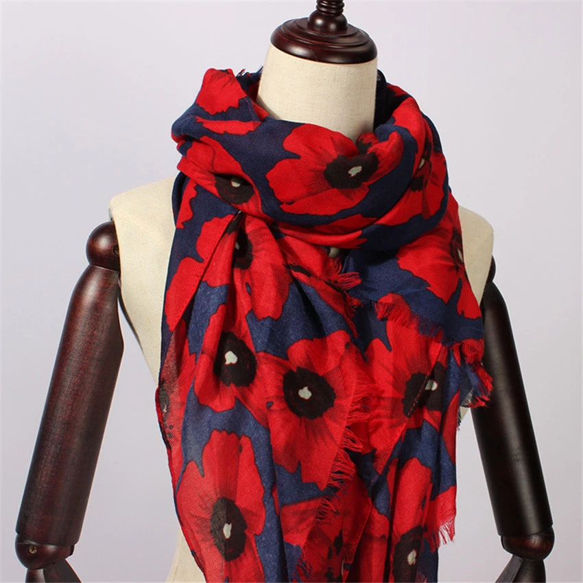 2021 Women Scarf Vintage Poppy Floral Viscose Scarves New Design Shawls and Wraps Lady Fringe Pashmina Muffler Hijab Foulard Cap