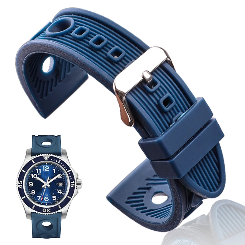 Silicone Watch Band Bracelet 22mm Black Blue Women Men Rubber Watch Strap Stainless Steel Polished Pin Buckle