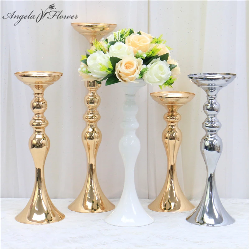 Gold White Silver Candle Holders Metal Candlestick Flower Stand Vase Table Centerpiece Event Flower Rack Road Lead Wedding Decor