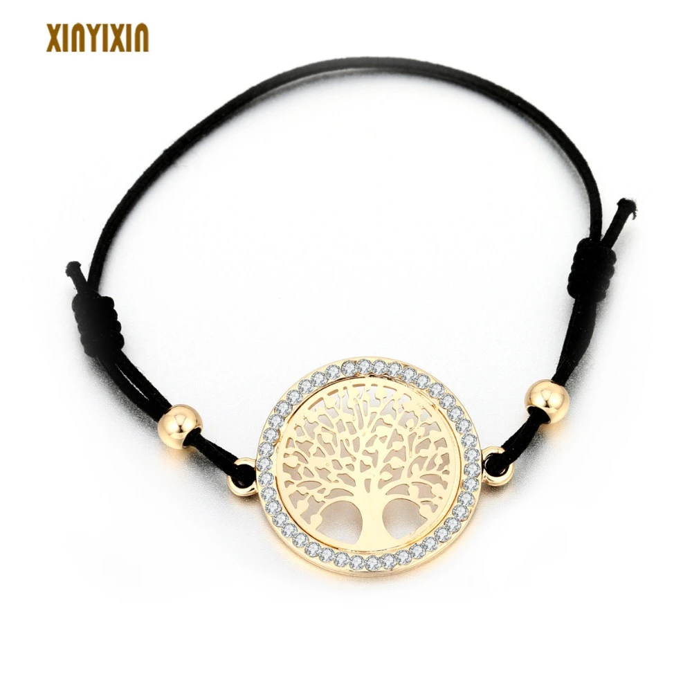 Gold Round Tree of Life Bracelet for Women Crystal Hollow Tree Elastic Adjustable Rope Bracelet&Bangle Christmas Party Prom Gift