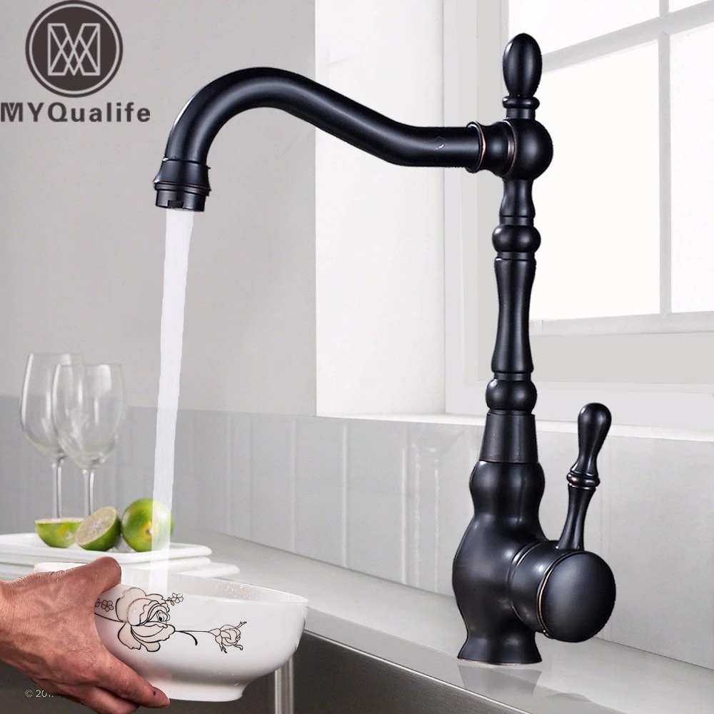 Deck Mount Bathroom Kitchen Faucet Single Handle 360 Rotate Basin Sink Mixer Taps Black Hot and Cold Water Mixers
