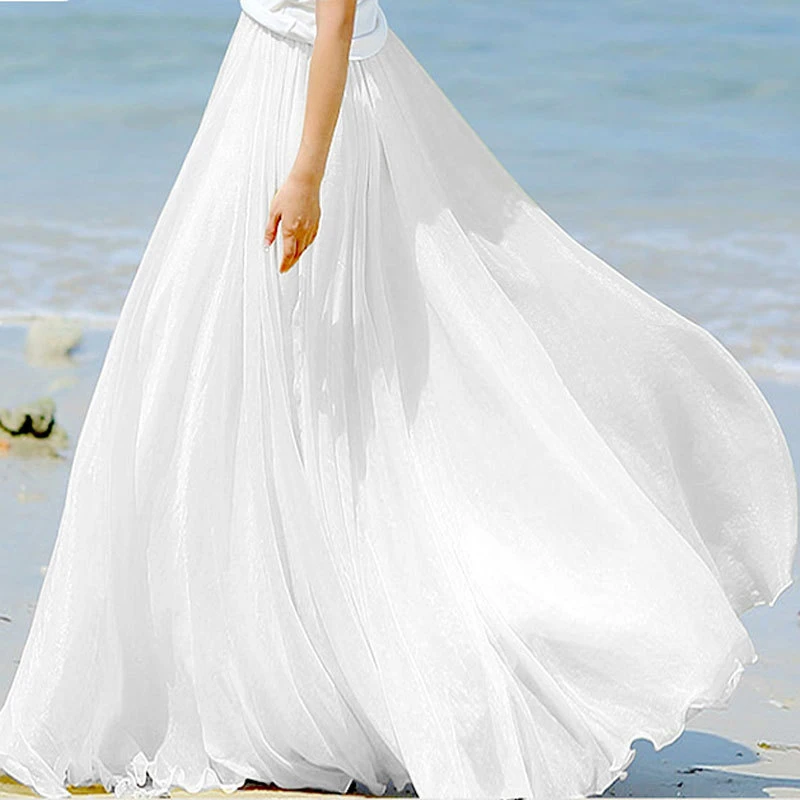 Fashion Women Chiffon Long Skirts High Waist Floor Length Ruffles White Summer Boho Maxi Skirt Saia Longa Faldas