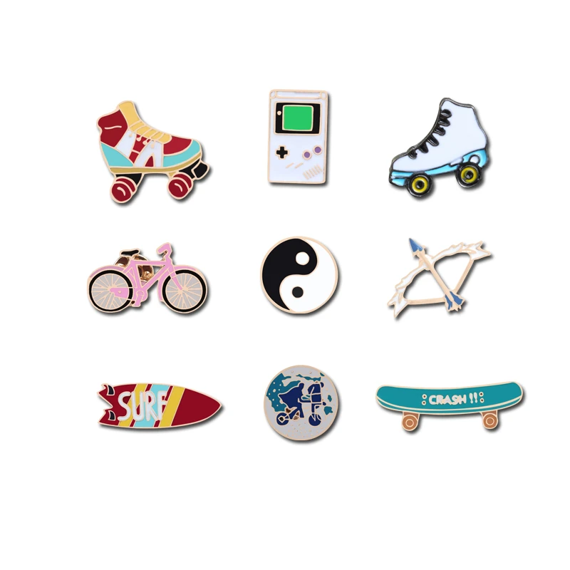 Trendy Sports Brooches Taoism Tai Chi Surfboard Skateboard Game Machine Roller shoes Bicycle Travel World Badges Pins Coin Gifts