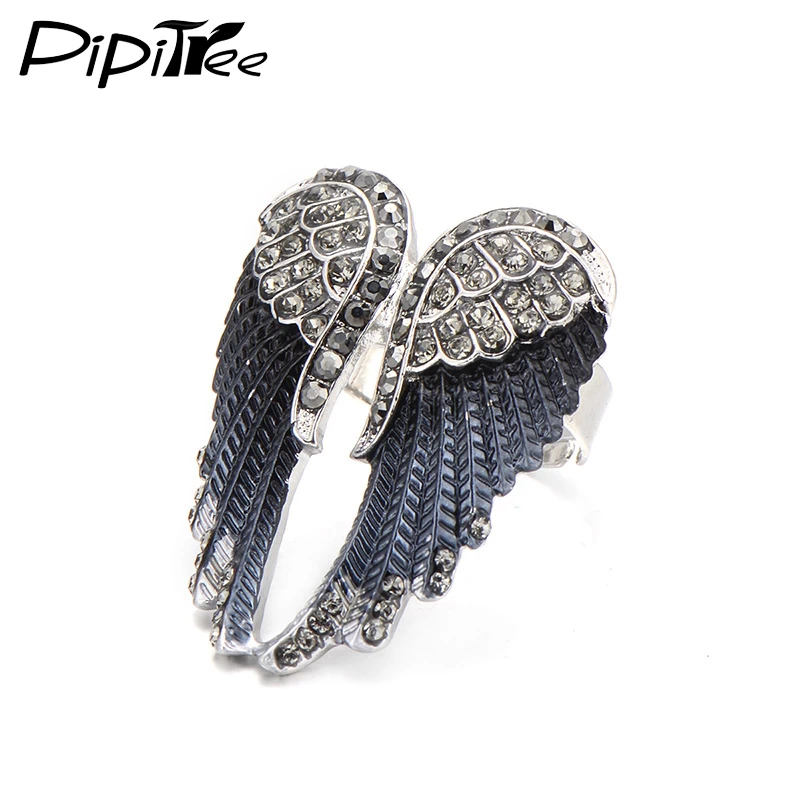 Pipitree Fashion Angel Wings Ring Punk Biker Jewelry 11 Colors Antique Gold Color Vintage Rhinestone Rings for Men Women