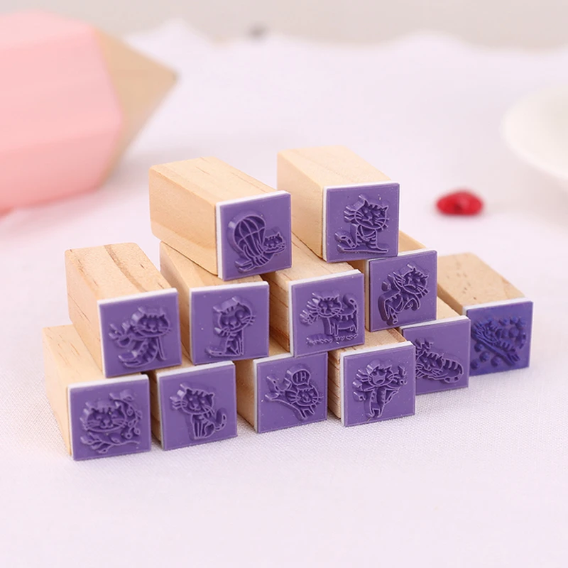12 pcs/box mini Cute kitten stamp DIY wooden rubber stamps for scrapbooking stationery scrapbooking standard stamp