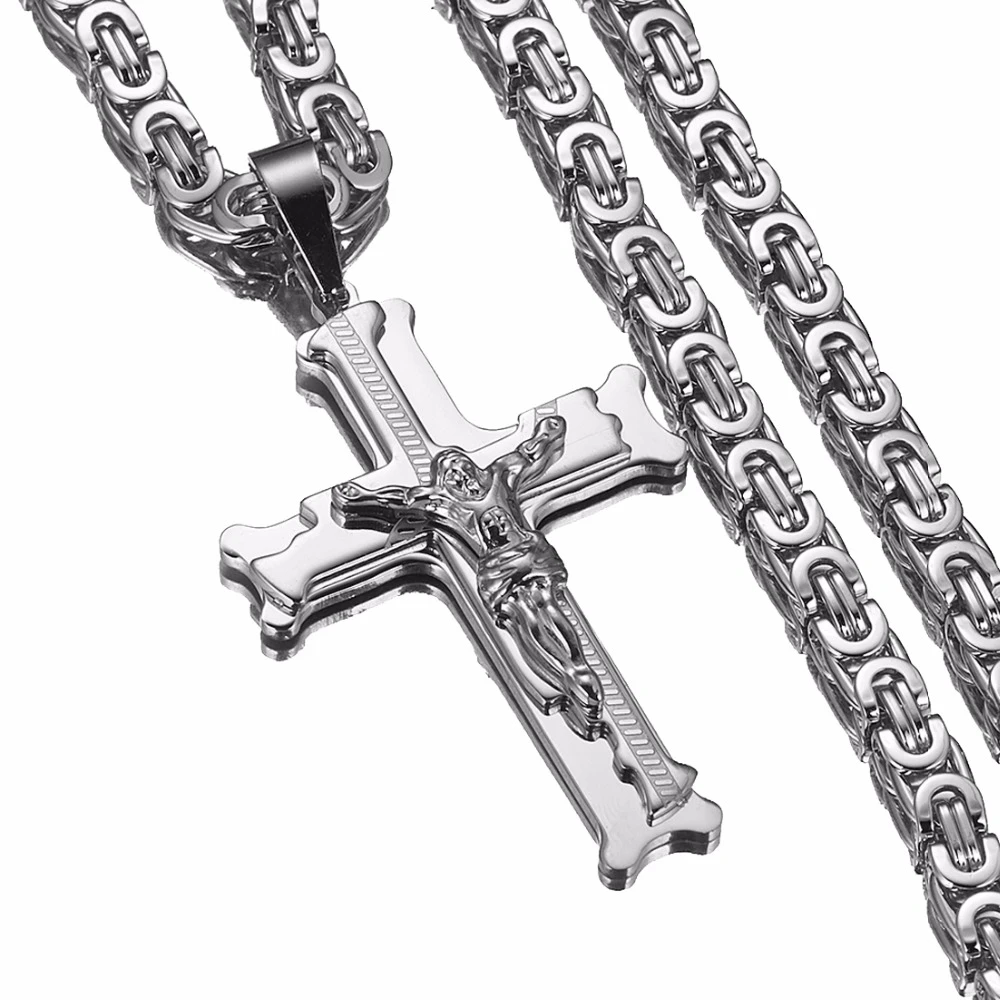 Jesus Cross Silver Color Necklaces Men Women Pendant Stainless Steel With 6MM Byzantine Chain  Christian Crucifix Jewelry