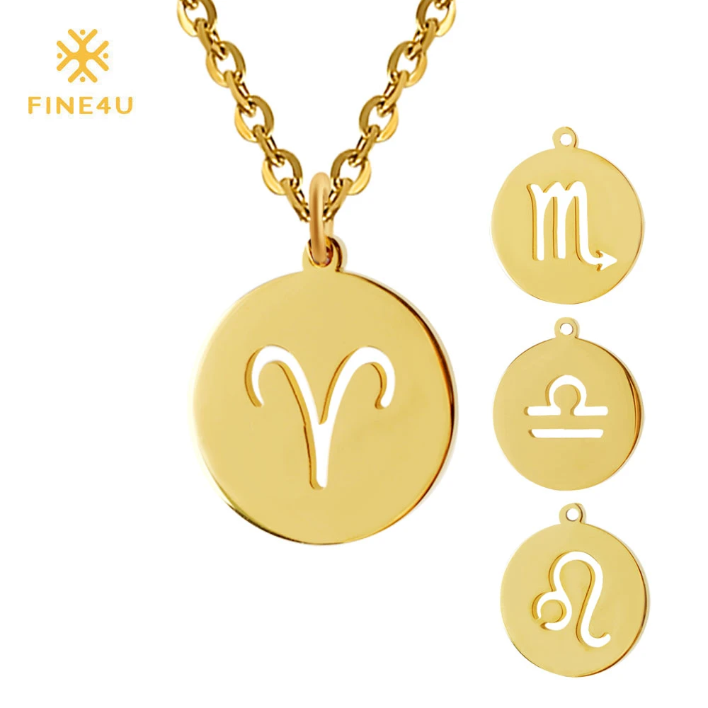 FINE4U 12 Zodiac Coin Pendant Necklace 316L Stainless Steel Choker Necklaces For Women 2019 Gold Collier Jewelry