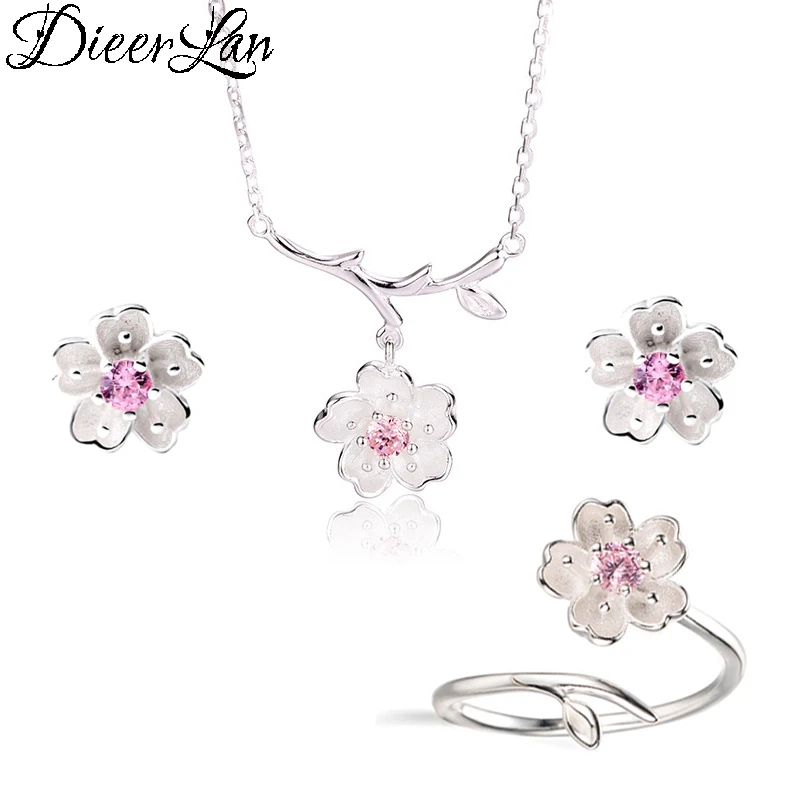 2019 Wedding Bridal Jewelry Sets Silver Color Pink Crystal Cherry Blossoms Flower Necklaces Earrings Rings for Women