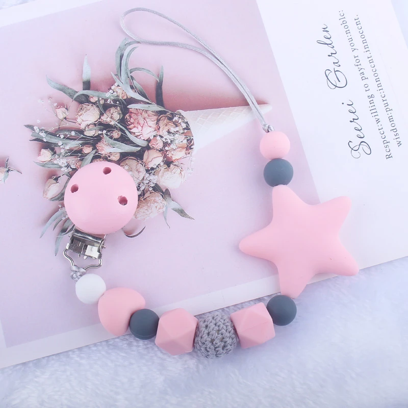 Newest Pacifier Clips Chain Eco-friendly Newborn Baby Teething Clip Food Grade Silicone Star Feeding Chain