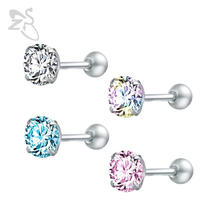 ZS Crystal Stud Earrings for Woman Stainless Steel Female Earrings Round Crystal Stone Screw Ball Earring Pierced Ear Oorbellen