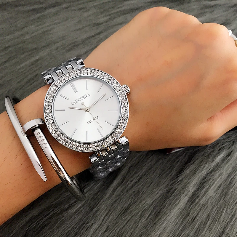 CONTENA Fashion Luxury Silver Watch Women Watches Rhinestone Women's Watches Ladies Watch Stainless Steel Clock reloj mujer