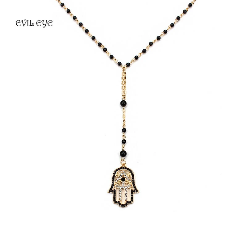 Evil eye Fashion Black Beads Necklace Evil Eye Hamsa Charm With Lobster clasp Adjustable Necklace Best Jewelry For Women Girl