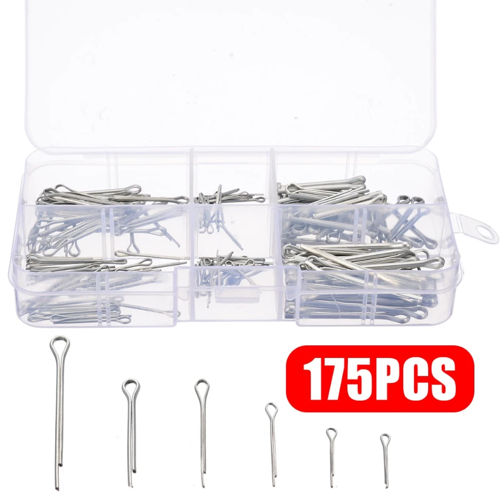 175pcs/set Sliver Split Pins Cotter Fixings Assorted Sizes Zinc Plated Steel Hard Case Link Split Cotter Pin with Box