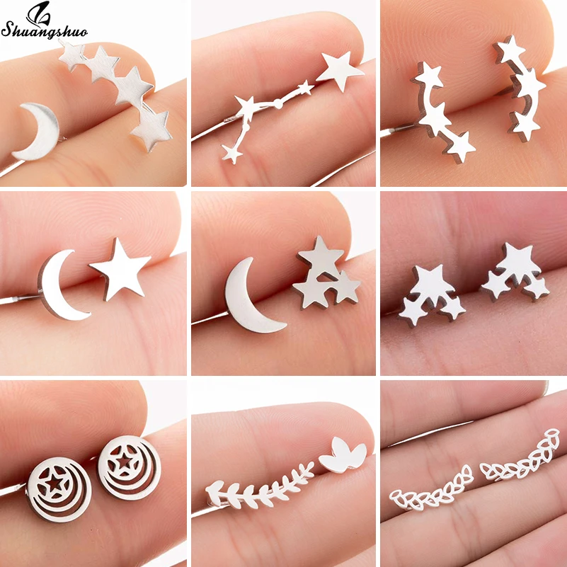 Shuangshuo Fashion Star Moon Earrings Ear Climber Tiny Leaf Stud Earrings for Women Ear Crawlers Stainless Steel pendientes Gift