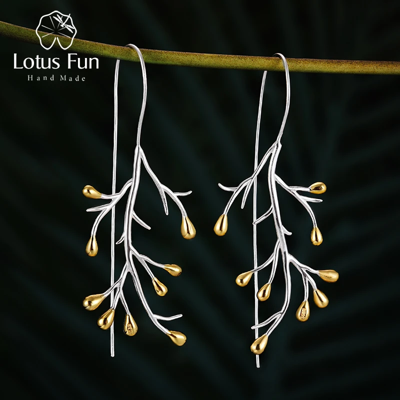 Lotus Fun Real 925 Sterling Silver Earrings Natural Creative Fine Jewelry Statement Tree Fashion Drop Earrings for Women Brincos