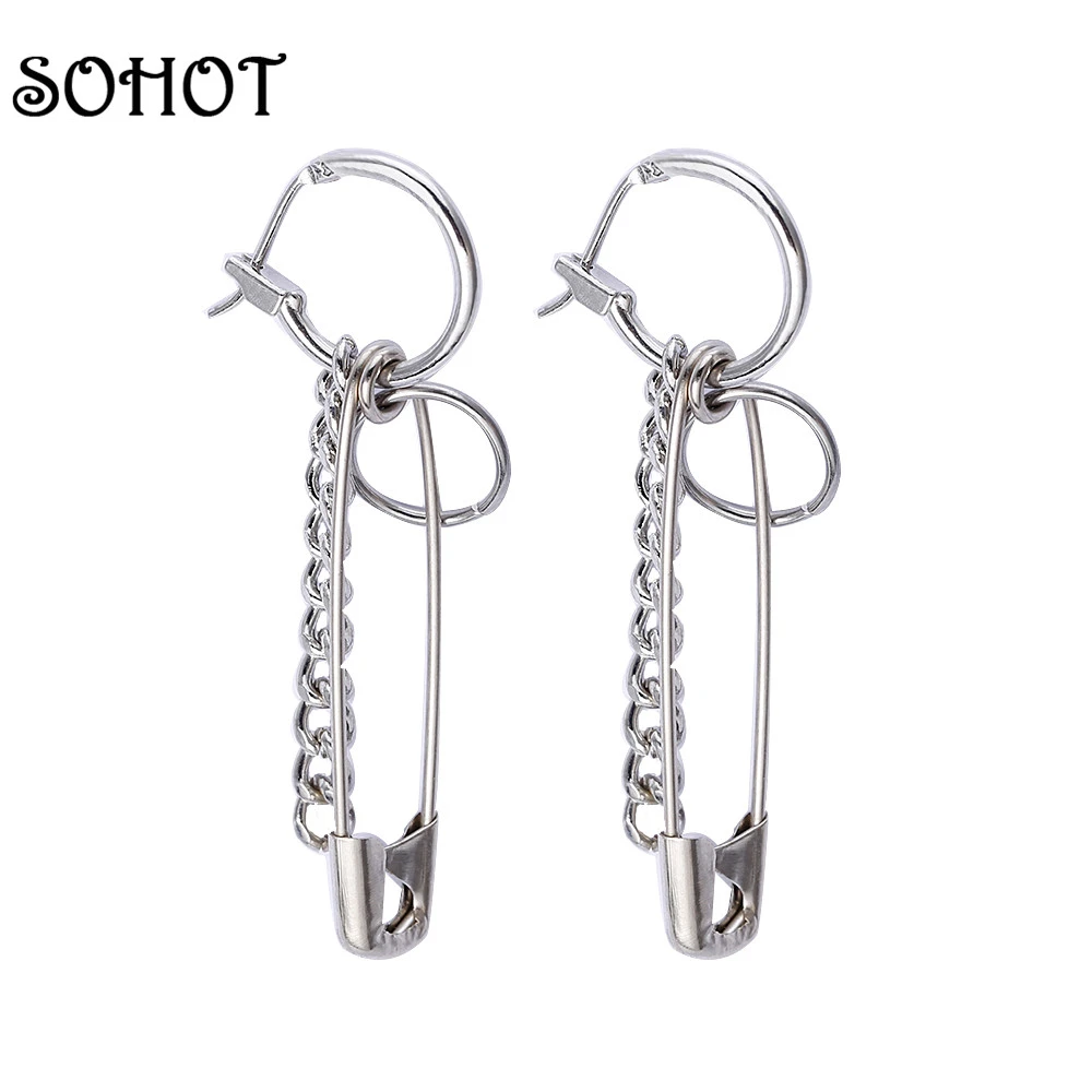 SOHOT New Punk Style Hoop Earrings Hot Wholesale Hyperbole Pin Pendant Tibetan Silver Clip Unisex Bijoux For Party Brincos